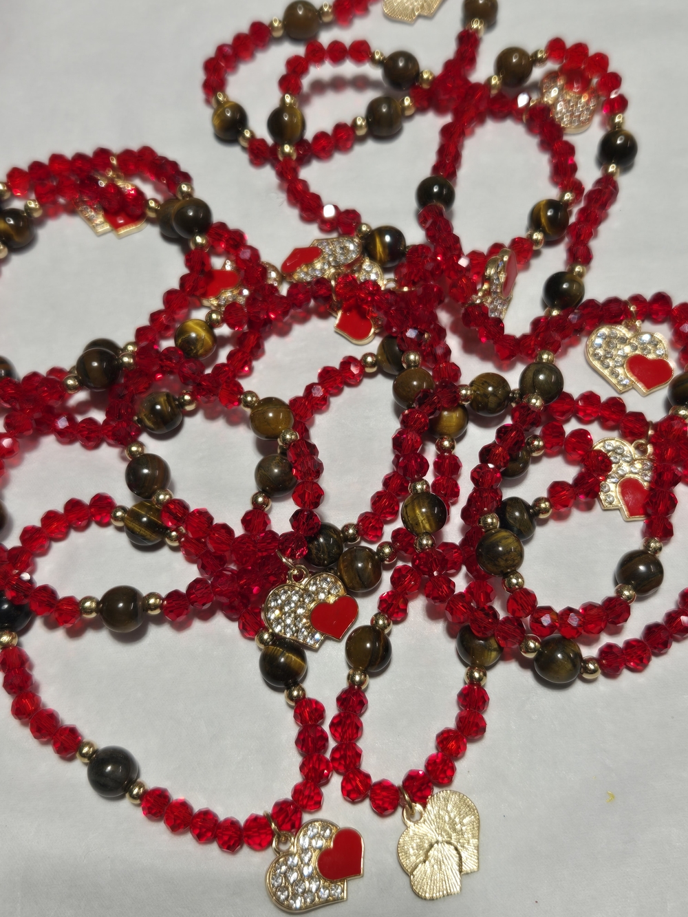 6mm - Red Crystal Beaded Heart Charm Bracelet With Tigers Eye - For 1